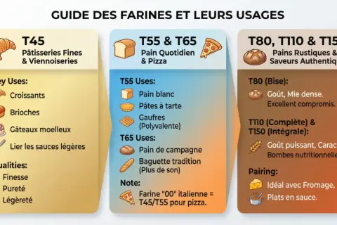 Guide des farines : T45 pour pâtisseries, T55/T65 pour pain/pizza, T80/T110/T150 pour pains rustiques. Le taux de gluten varie selon l'usage.