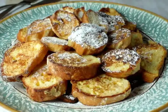 Assiette de pain perdu saupoudré de sucre glace, parfait pour une recette facile et gourmande.