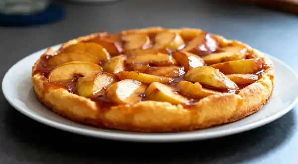 Une délicieuse tarte tatin aux pommes caramélisées, prête à être dégustée. Parfait pour une recette gourmande.