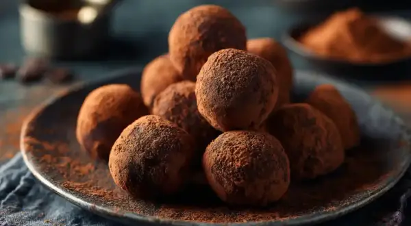 Une pile de truffes au chocolat saupoudrées de cacao, évoquant la douceur d'une truffe noix de coco.