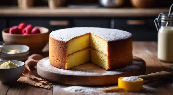 Gâteau génoise aérien, saupoudré de sucre glace, prêt à être garni. Les ingrédients pour cette recette genoise sont à proximité : framboises, œufs, lait.