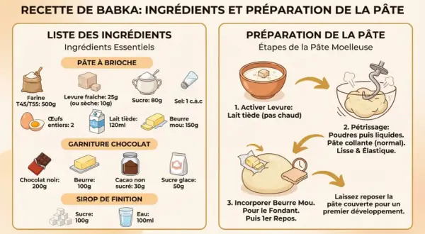 Recette de Babka : ingrédients essentiels, dont 500g de farine riche en gluten, et étapes de préparation de la pâte.