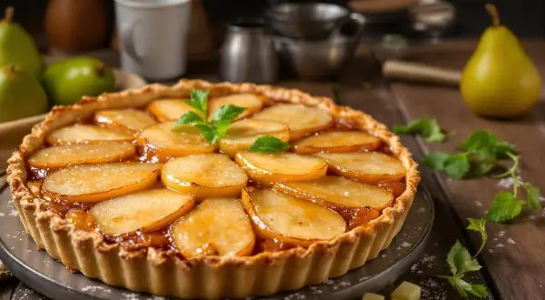 Une délicieuse tarte aux poires, garnie de fines tranches de fruits caramélisés et d'une touche de menthe fraîche, prête à être dégustée.