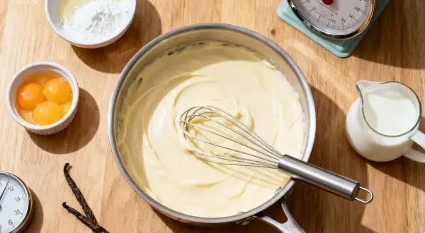 Une crème pâtissière liquide onctueuse dans une casserole, avec des ingrédients de pâtisserie disposés autour : œufs, sucre glace, lait, gousses de vanille et minuteur.