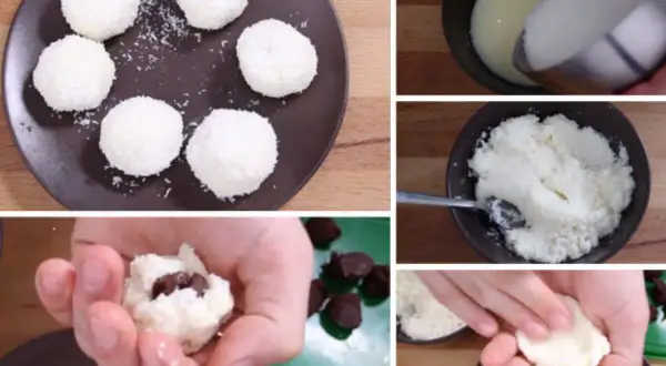 Préparation de boules de coco maison. On voit la pâte à former, des pépites de chocolat à cacher à l'intérieur, et les boules de coco prêtes à déguster.