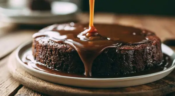 Un gâteau au chocolat moelleux est nappé d'un généreux caramel liquide, créant une cascade dorée et gourmande.