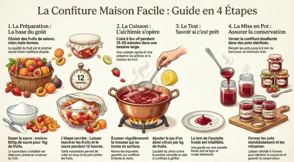 Guide pour faire sa confiture maison : fruits, sucre, cuisson, test d'assiette froide pour la gélification grâce à la pectine naturelle.