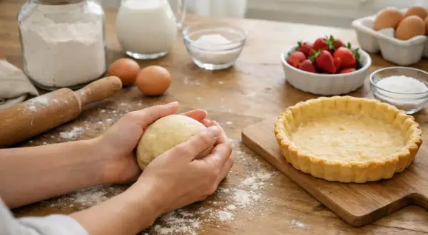 Mains façonnant une boule de pâte sablée crue. Sur la table, farine, œufs, lait, fraises et tartelette précuite. Idéal pour la conservation pâte sablée crue au frigo.