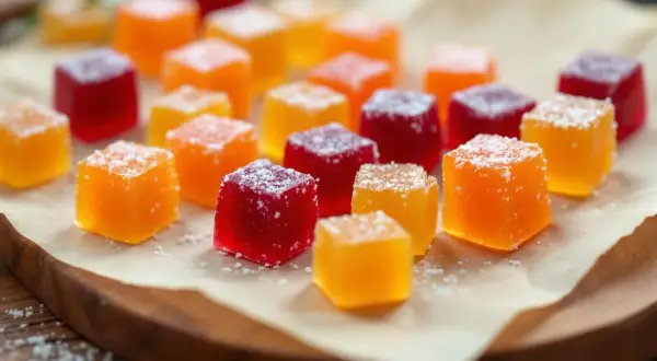 Des cubes de pâte de fruit colorés, rouges et orangés, saupoudrés de sucre, prêts à être dégustés. Une belle idée pour une recette facile.
