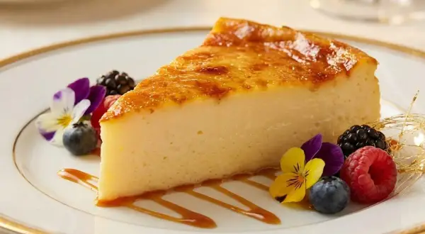 Tranche de flan à la vanille, caramélisée et dorée, servie avec des fruits rouges, des fleurs comestibles et un filet de caramel sur une assiette élégante.