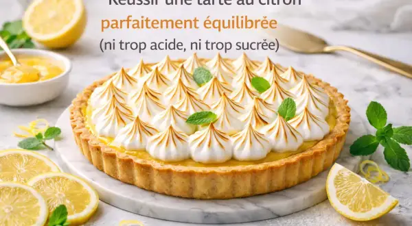 Une magnifique tarte au citron meringuée, garnie de pointes dorées et de feuilles de menthe, prête à être dégustée.