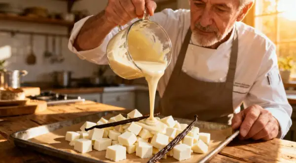 Un chef verse une ganache montée vanille sur des cubes de chocolat blanc et des gousses de vanille.