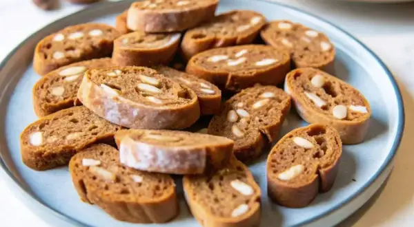 Assiette de croquant aux amandes, biscuits fins et croustillants parsemés de morceaux d'amandes.
