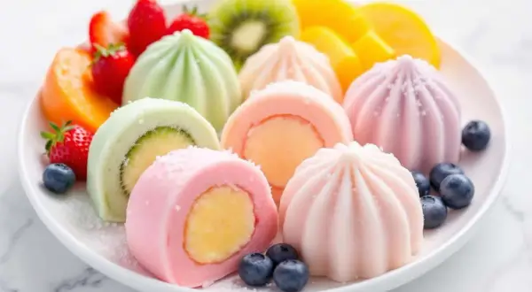 Assortiment coloré de mochis aux fruits, une recette mochi parfaite pour le dessert. Fraises, kiwis, pêches et myrtilles accompagnent ces délices.