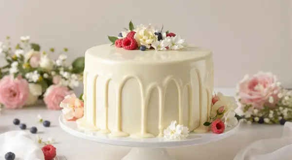 Gâteau élégant avec un glaçage chocolat blanc dégoulinant, décoré de fruits rouges et de fleurs fraîches.