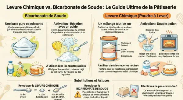 Pour remplacer la levure chimique, utilisez 1/4 c.à.c de bicarbonate de soude et 1/2 c.à.c d'acide (citron/vinaigre) par cuillère à café de levure.