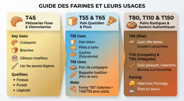 Guide des farines : T45 pour pâtisseries, T55/T65 pour pain/pizza, T80/T110/T150 pour pains rustiques. Le taux de gluten varie selon l'usage.