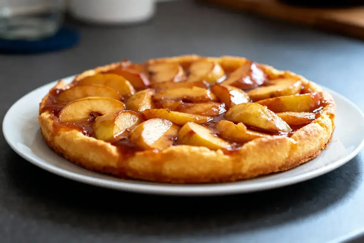 Une délicieuse tarte tatin aux pommes caramélisées, prête à être dégustée. Parfait pour une recette gourmande.