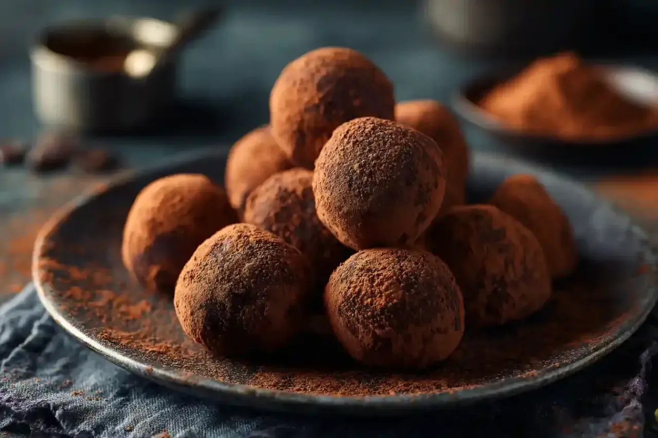 Une pile de truffes au chocolat saupoudrées de cacao, évoquant la douceur d'une truffe noix de coco.