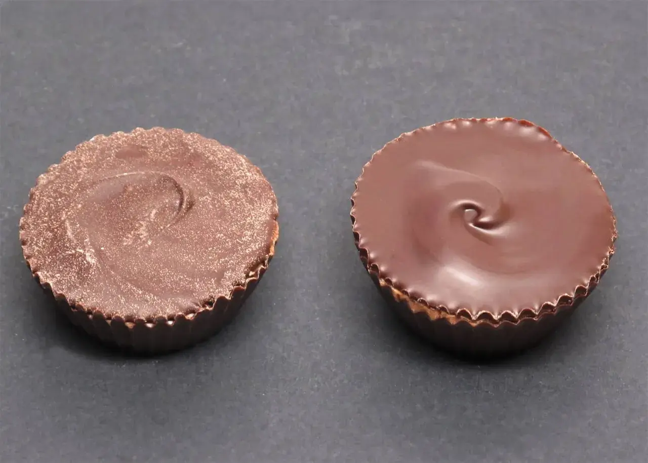 Deux bonbons au chocolat noir, l'un mat et l'autre brillant, montrant le résultat d'un bon tempérage du chocolat.