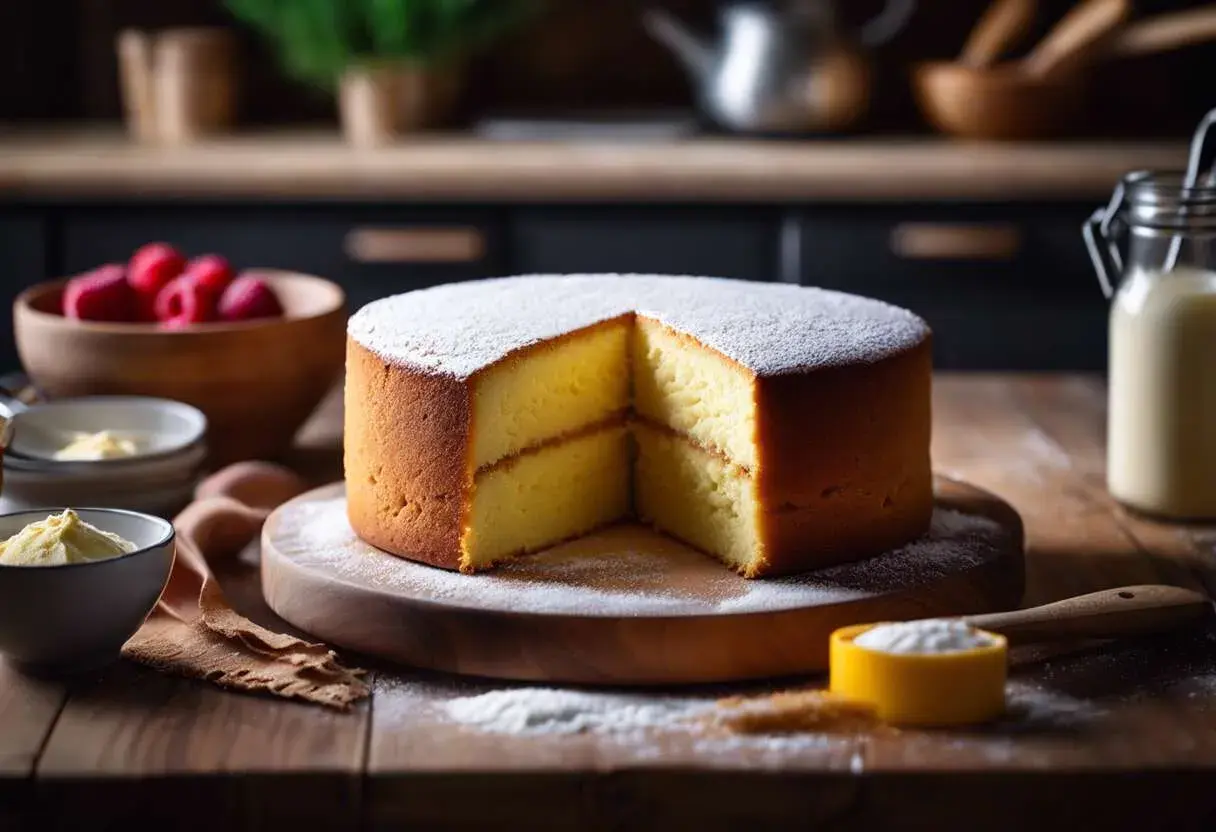 Gâteau génoise aérien, saupoudré de sucre glace, prêt à être garni. Les ingrédients pour cette recette genoise sont à proximité : framboises, œufs, lait.