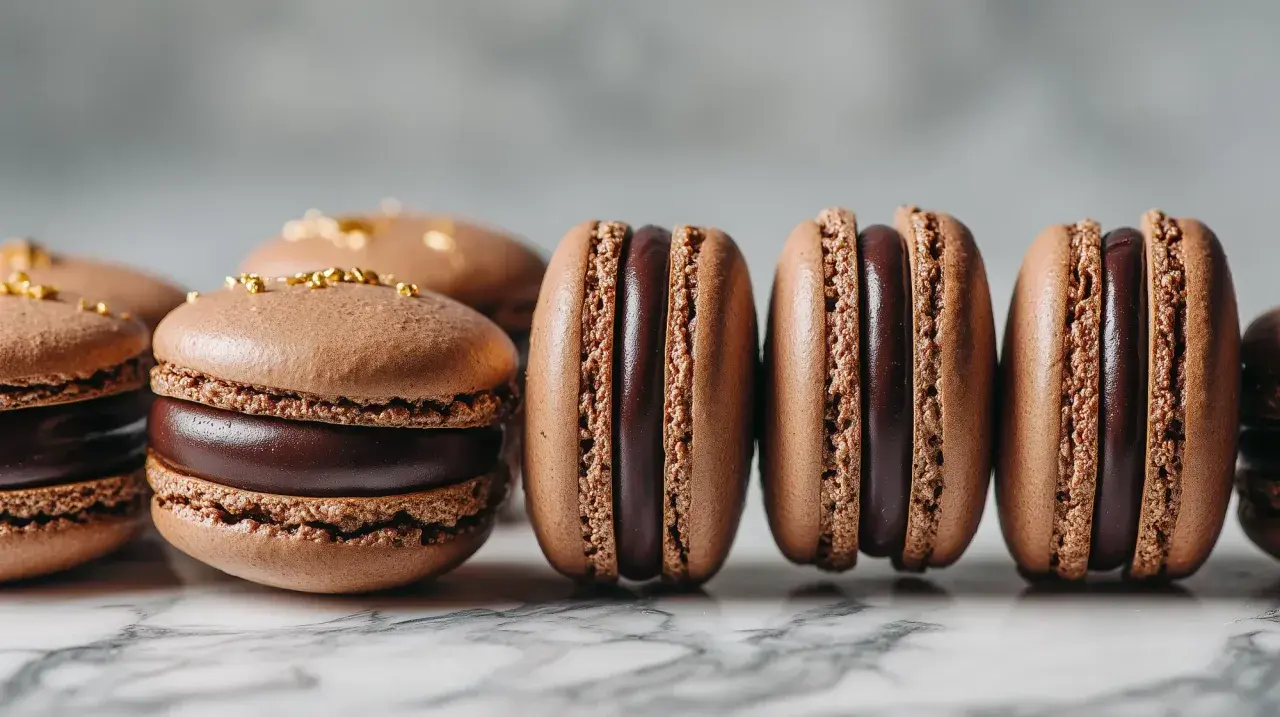 Délicieux macarons au chocolat, parfaits pour une pause gourmande. Leur ganache onctueuse et leurs coques aériennes invitent à la dégustation.