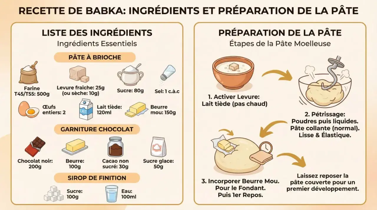 Recette de Babka : ingrédients essentiels, dont 500g de farine riche en gluten, et étapes de préparation de la pâte.