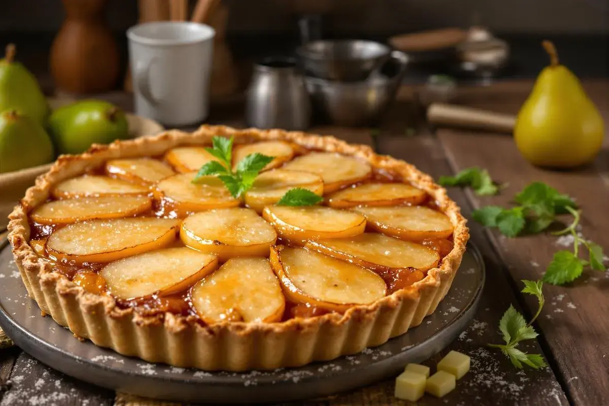 Une délicieuse tarte aux poires, garnie de fines tranches de fruits caramélisés et d'une touche de menthe fraîche, prête à être dégustée.
