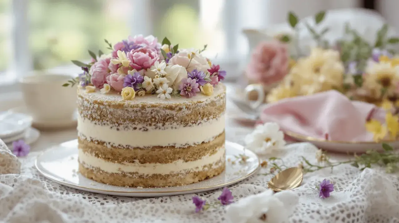 Gâteau naked cake avec crème fourrage, décoré de fleurs fraîches. Une table dressée pour un thé printanier.