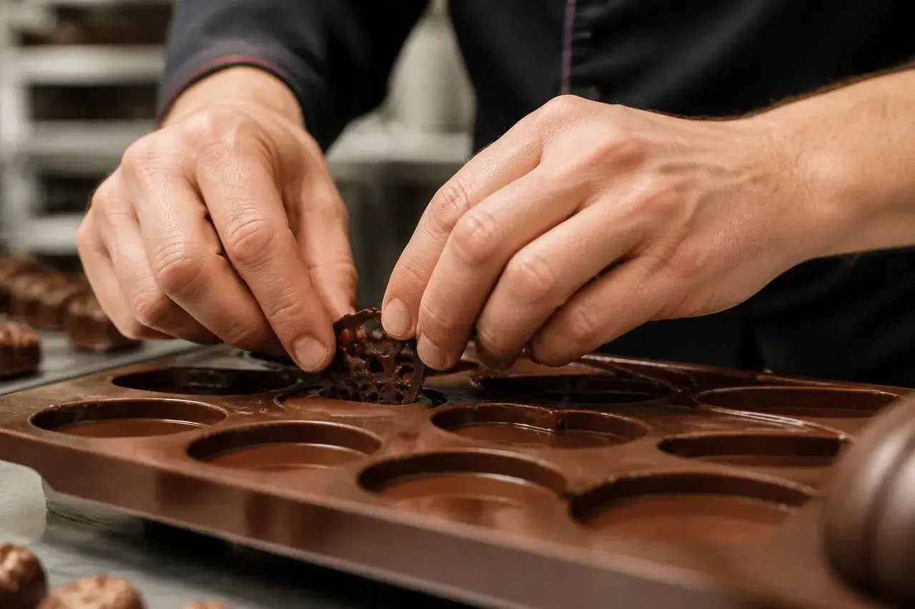 Mains habiles plaçant un chocolat décoratif dans un moule en silicone pour faire des chocolats.