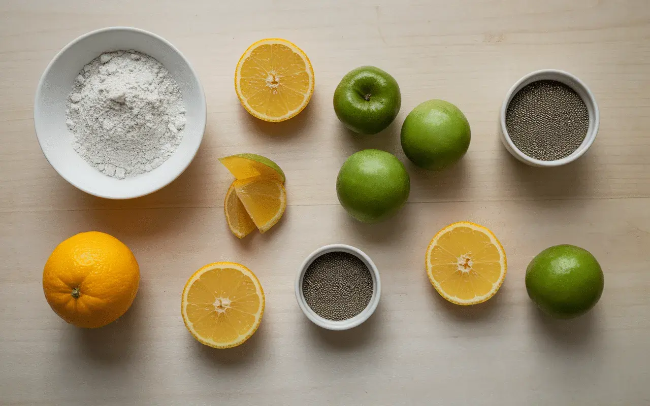Ingrédients pour remplacer la pectine NH : poudre blanche, citrons, pommes vertes, graines de chia.