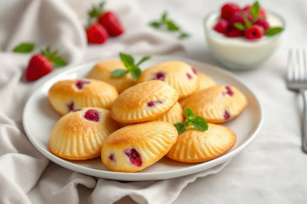 Assiette de biscuits madeleine framboise, décorés de feuilles de menthe. Des fraises et un bol de yaourt aux framboises sont en arrière-plan.