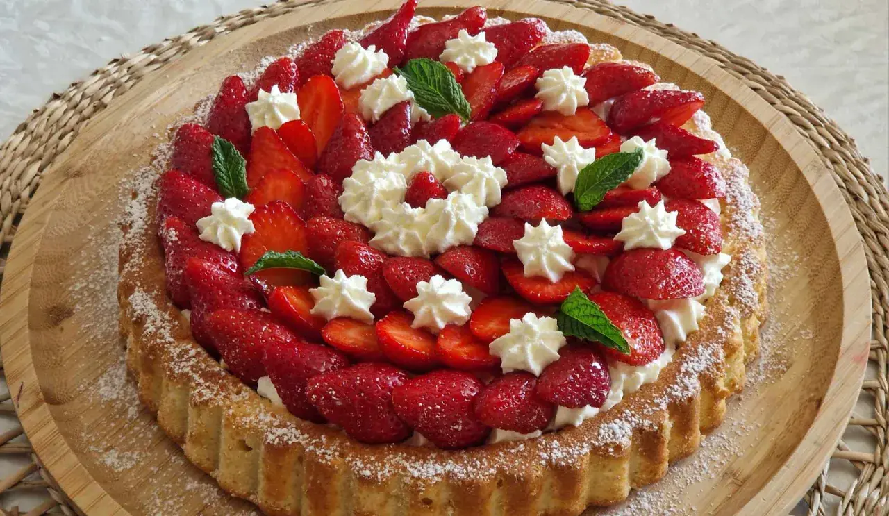 Un délicieux biscuit pour fraisier, garni de fraises fraîches, de crème fouettée et de feuilles de menthe.