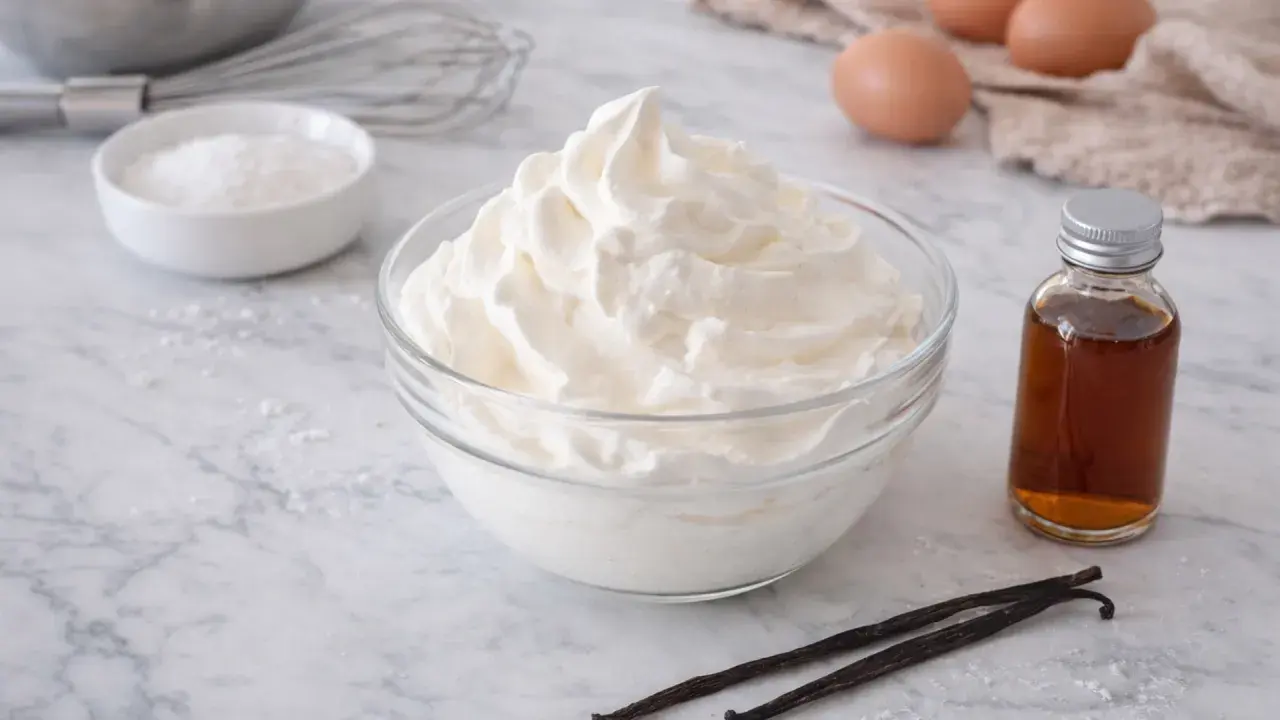 Un bol de crème chantilly aérienne, prêt à être dégusté. À côté, des gousses de vanille et une petite bouteille d'extrait.