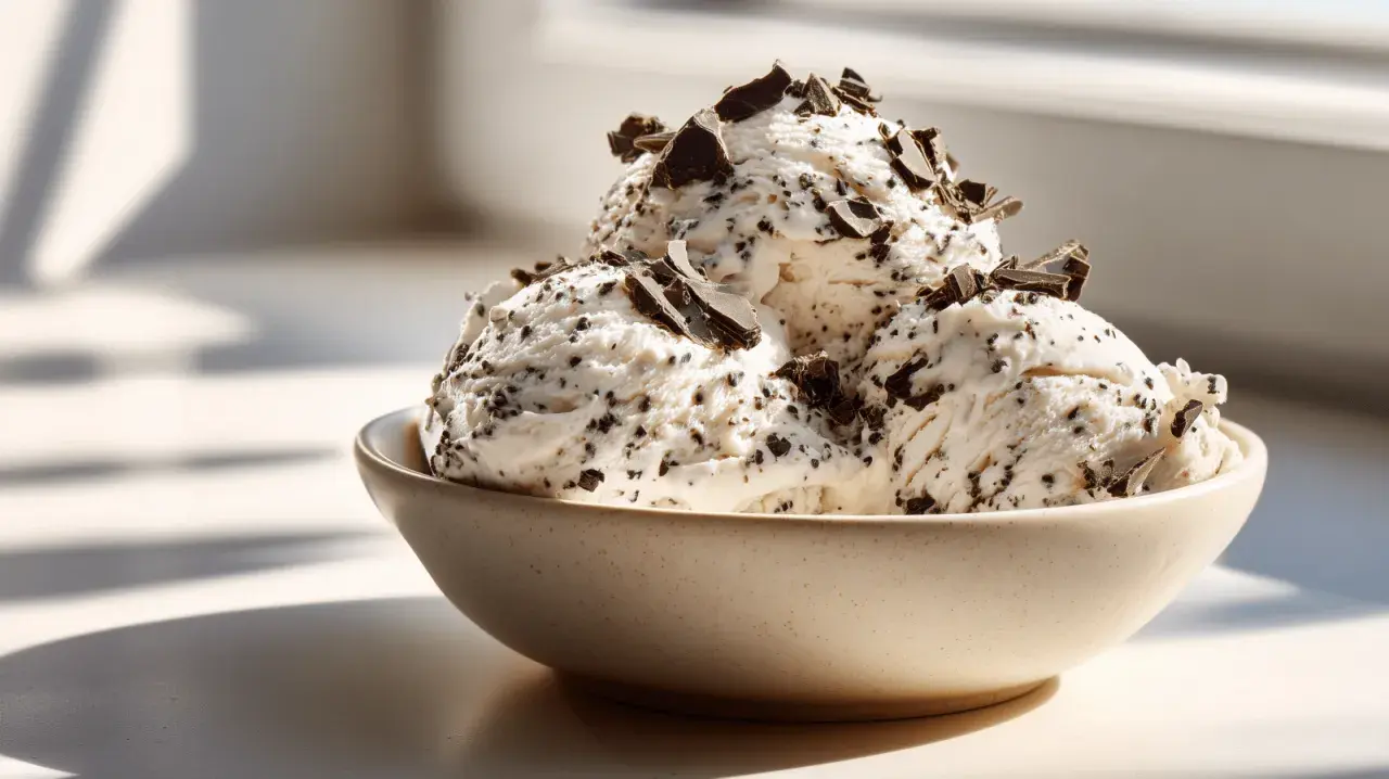 Un bol de glace stracciatella maison, parsemé de copeaux de chocolat noir. Une recette simple pour un plaisir gourmand.