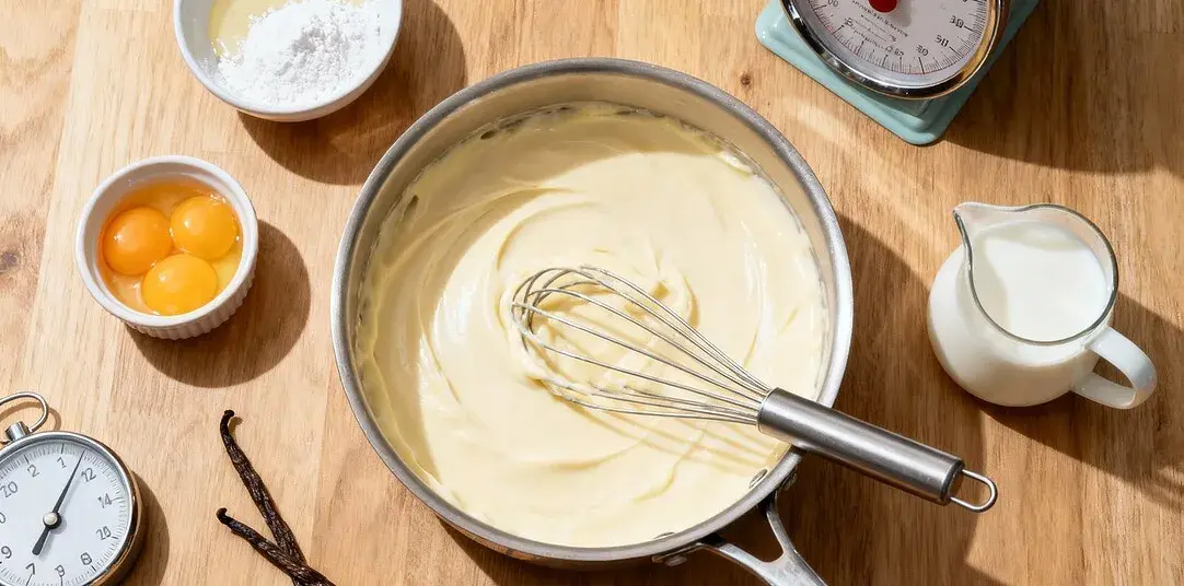 Une crème pâtissière liquide onctueuse dans une casserole, avec des ingrédients de pâtisserie disposés autour : œufs, sucre glace, lait, gousses de vanille et minuteur.