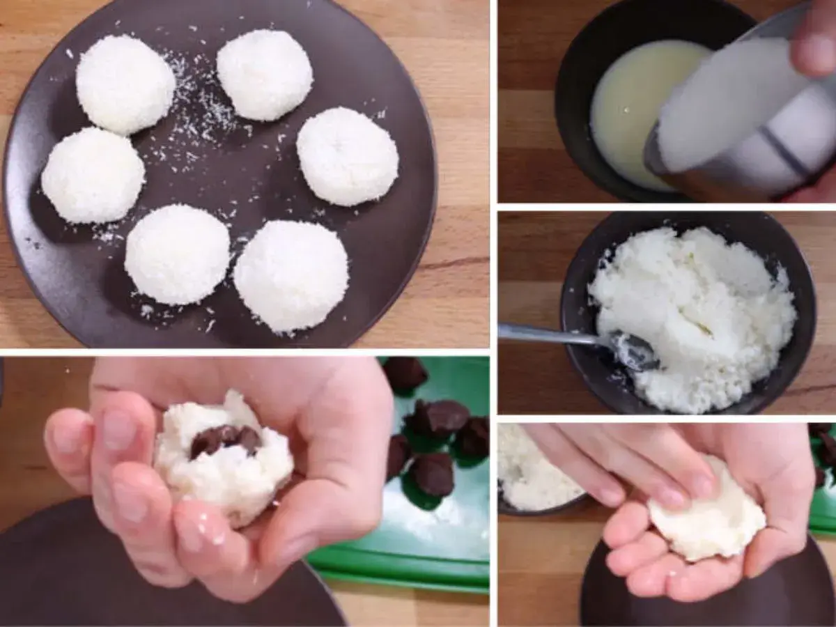 Préparation de boules de coco maison. On voit la pâte à former, des pépites de chocolat à cacher à l'intérieur, et les boules de coco prêtes à déguster.