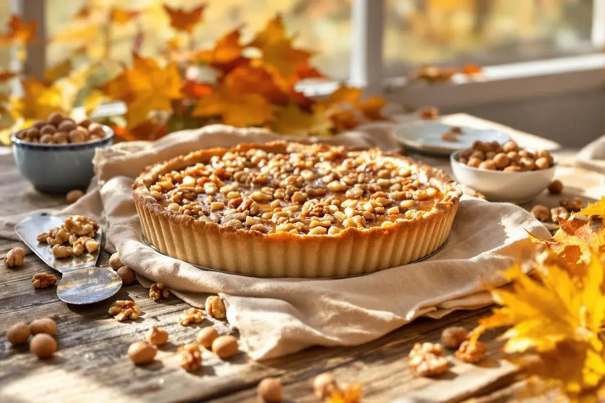 Une délicieuse tarte aux noix, garnie de caramel et de noix croquantes, sur une table en bois, entourée de feuilles d'automne.