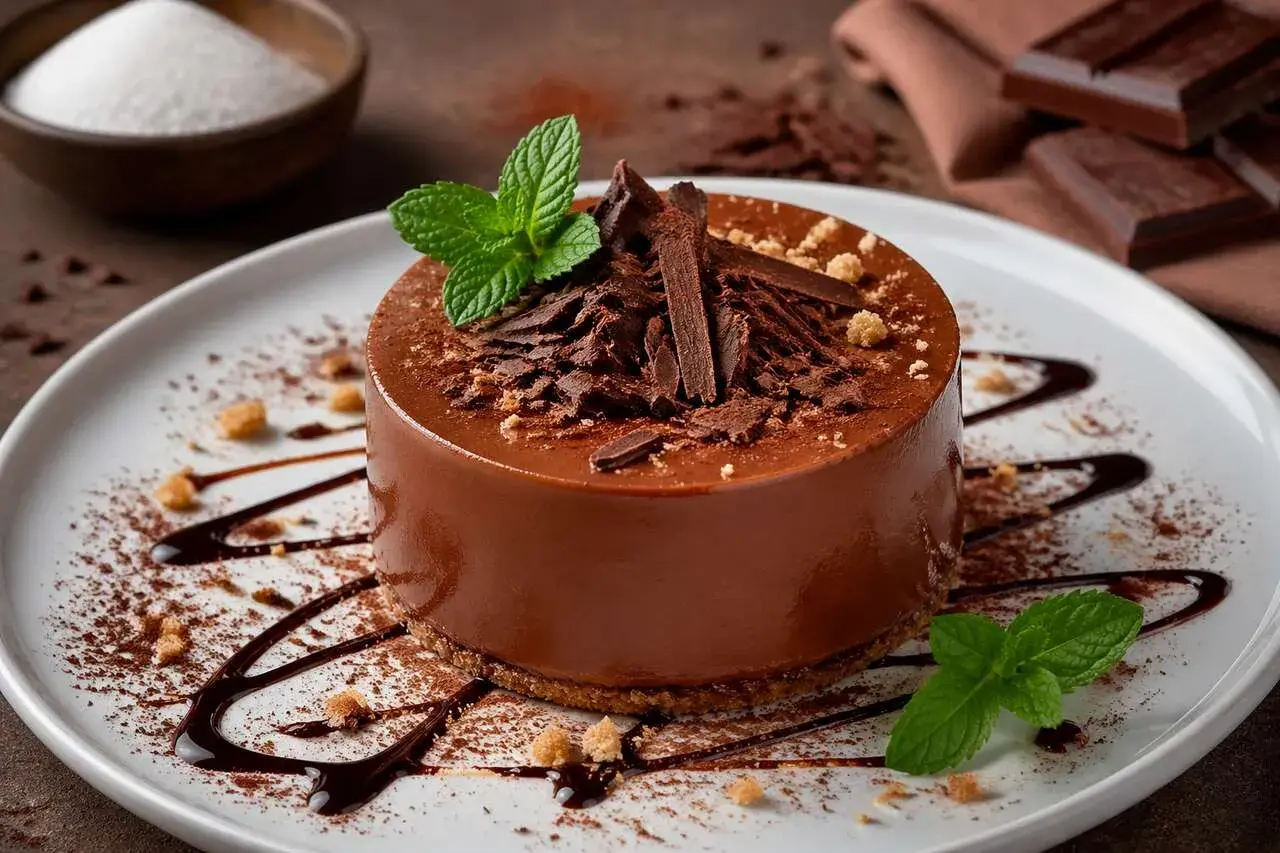 Un délicieux gâteau individuel au chocolat, garni de copeaux de chocolat noir et de menthe fraîche. Une œuvre d'art gourmande, comme des sablés au chocolat sublimés.