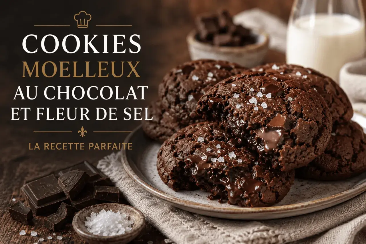 Gros plan sur des cookies moelleux au chocolat et fleur de sel, parfaits pour un goûter gourmand.