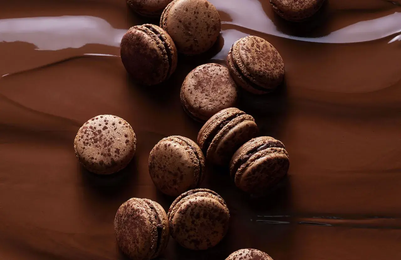 Douceurs chocolatées pour une recette macaron traditionnel parfaite. Ces macarons, parsemés de cacao, reposent sur un lit de chocolat fondu.