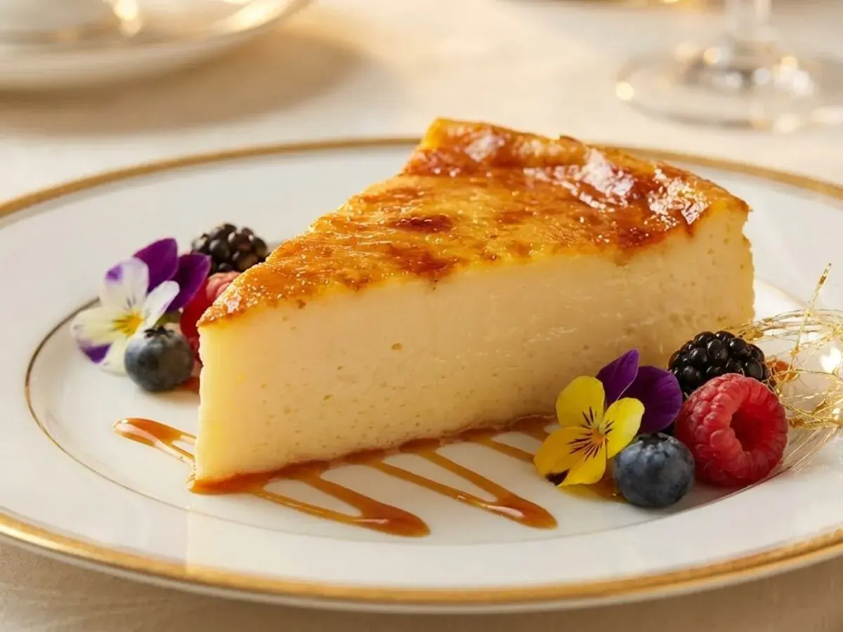 Tranche de flan à la vanille, caramélisée et dorée, servie avec des fruits rouges, des fleurs comestibles et un filet de caramel sur une assiette élégante.