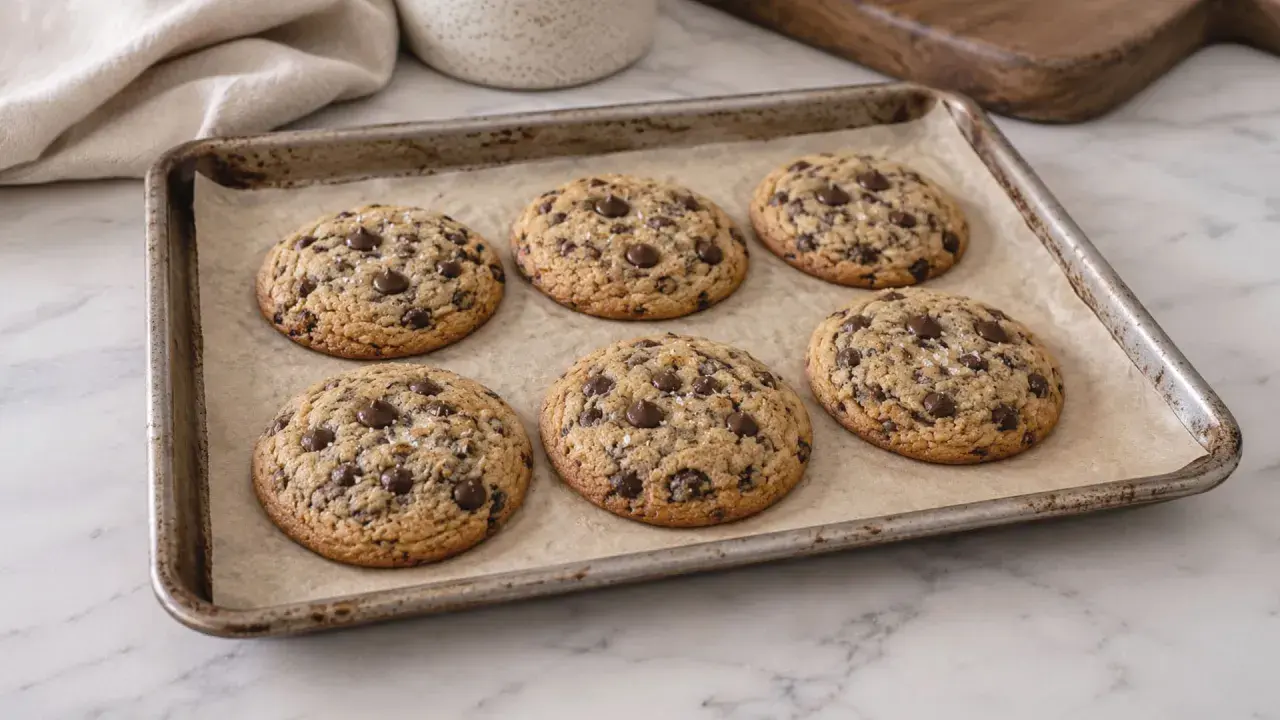 Six délicieux cookies aux pépites de chocolat sur une plaque de cuisson. Peut-être que le secret pour comprendre pourquoi mes cookies sont mous se trouve dans leur texture parfaite.