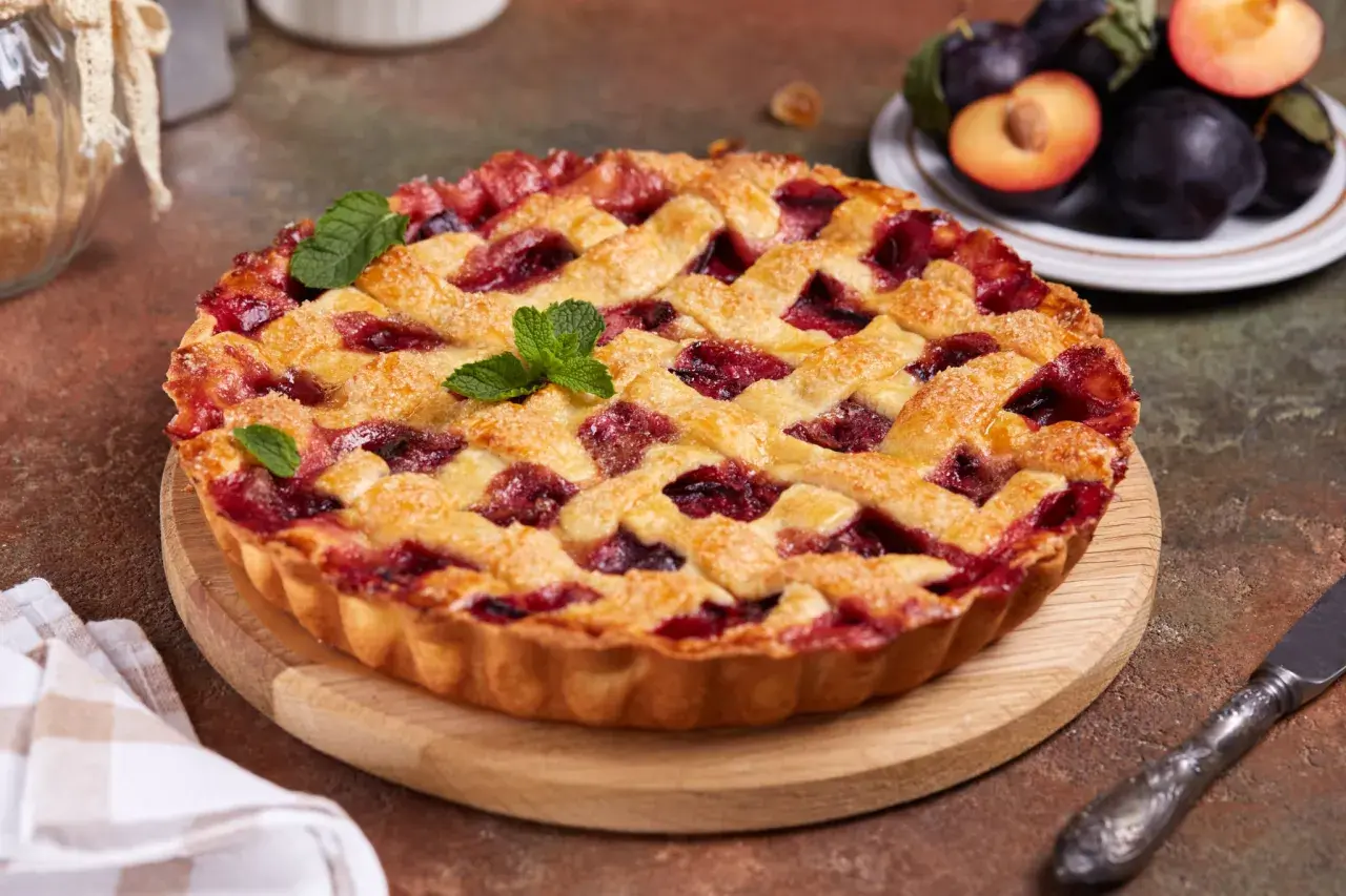Tarte aux prunes maison, avec une croûte dorée et une garniture généreuse de fruits rouges, décorée de feuilles de menthe.
