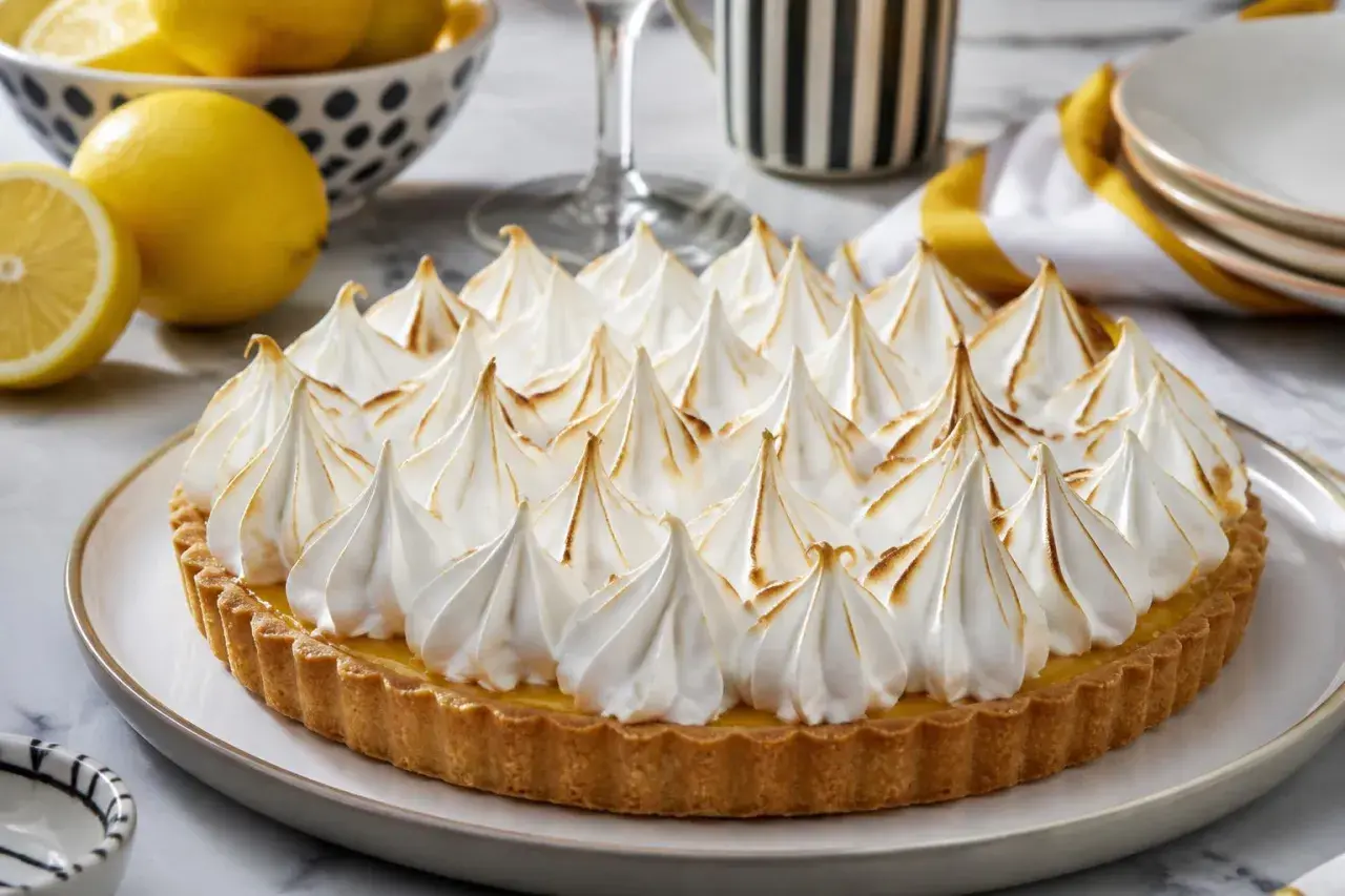 Tarte au citron généreusement garnie de meringue italienne dorée, prête à être dégustée.