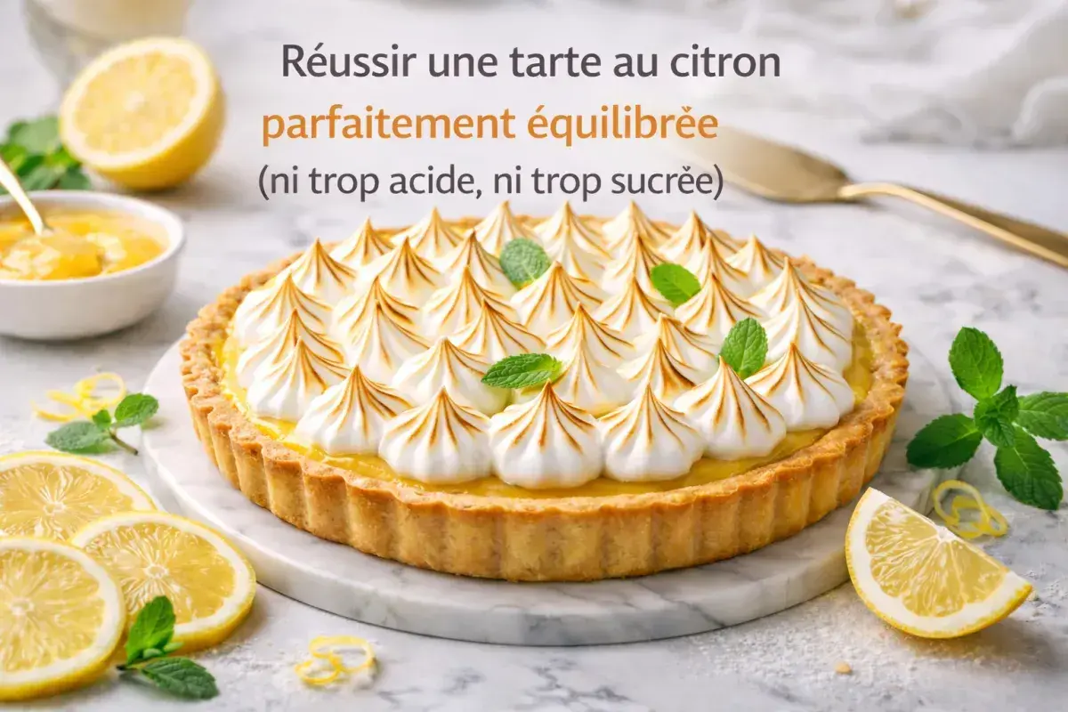 Une magnifique tarte au citron meringuée, garnie de pointes dorées et de feuilles de menthe, prête à être dégustée.