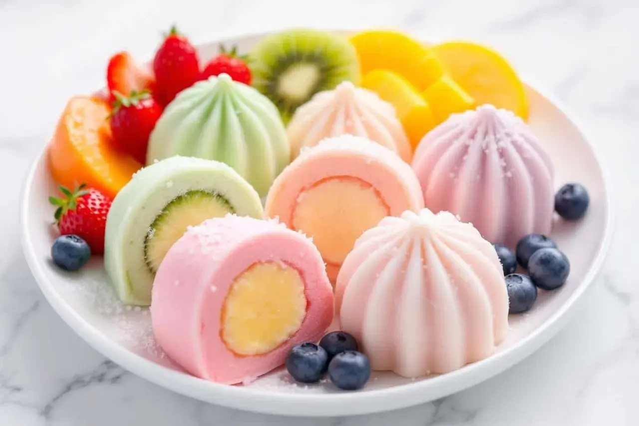 Assortiment coloré de mochis aux fruits, une recette mochi parfaite pour le dessert. Fraises, kiwis, pêches et myrtilles accompagnent ces délices.