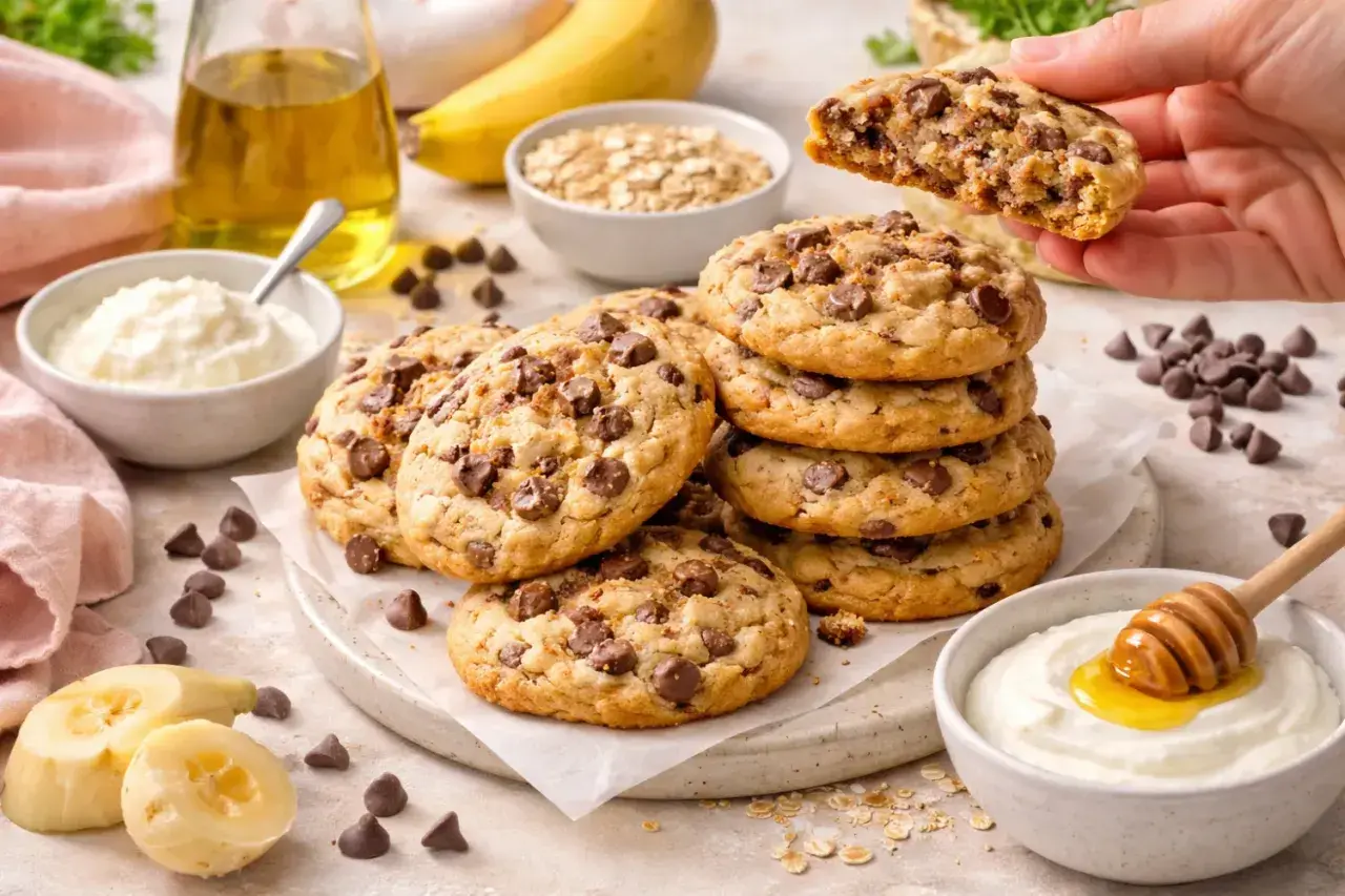 Délicieux cookies sans beurre aux pépites de chocolat, accompagnés de banane, d'avoine et de yaourt.