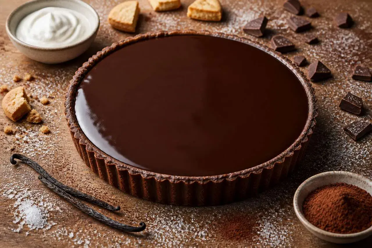 Une magnifique tarte au chocolat, brillante et gourmande, entourée de morceaux de chocolat, de vanille et de cacao en poudre.