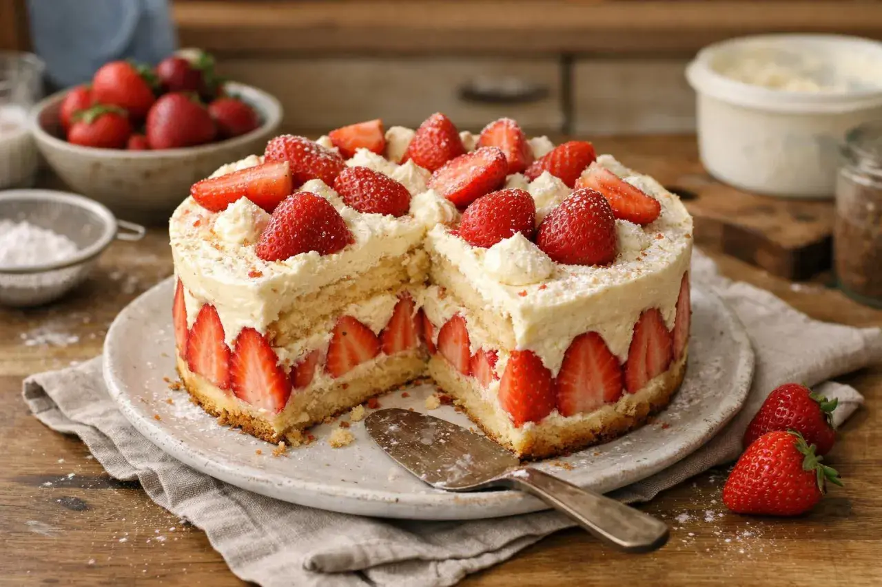 Gâteau rond à la crème pâtissière et fraises, décoré de fruits frais et de crème.